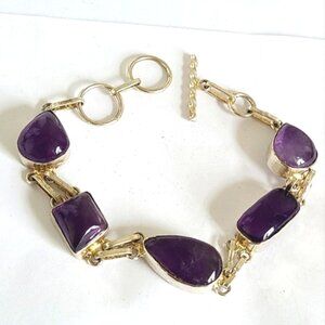 Vintage Boho Purple Amethyst Gemstone Chunky Sterling Silver Chain Bracelet